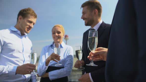 Happy Office Colleagues Holding Glasses Celebrating Work Party Rooftop, Team