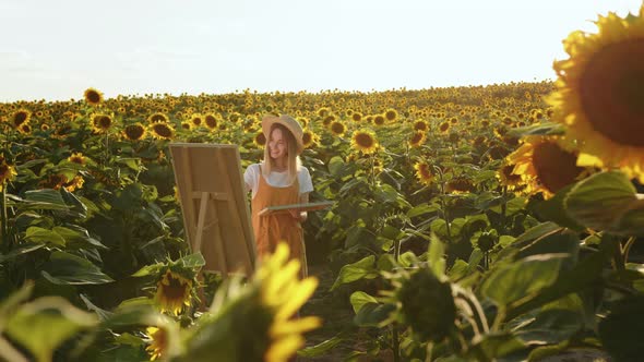 A Woman is Standing in a Field of Sunflowers and Drawing a Picture