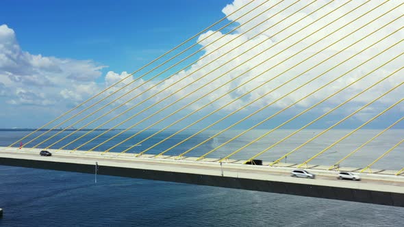 Aerial Video Sunshine Skyway Steel Cable Suspension Bridge Over Tampa Bay Florida