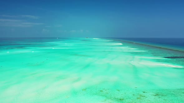 Aerial top down sky of tranquil tourist beach time by transparent sea and white sand background of a