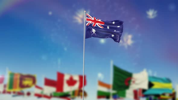Australia Flag With World Globe Flags And Fireworks alt