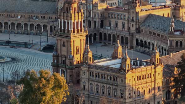 Flying Around Plaza De Espana  Spanish Square  in Sevilla Spain