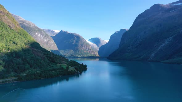 Beautiful view of fjords with a lake surrounded by mountains
