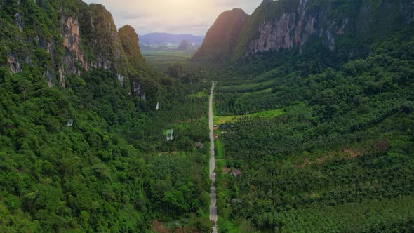 Drone are flying over the road and mountains