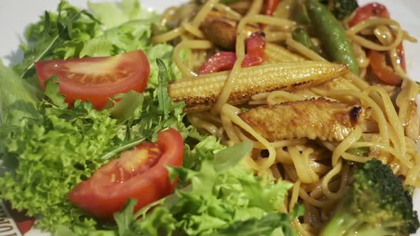 Warm Salad With Broccoli Corn Lettuce Arugula And Asparagus