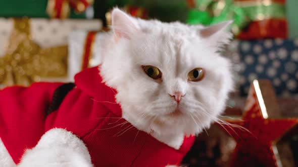 Domestic White Cat Posing in Christmas Santa Costume on Gift Boxes Decoration Background