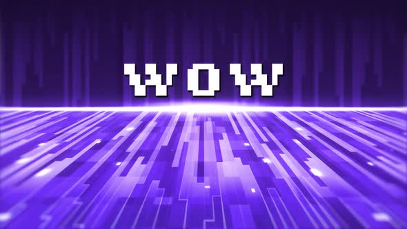 Animation of vintage video game screen with pixelated word wow written alt