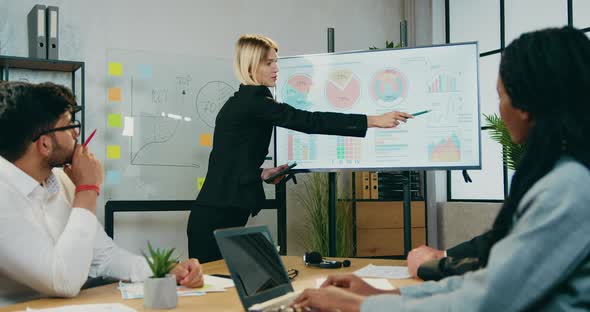 Female Mentor of Company Holding Business Lecture for Mixed Race Motivated coworkes