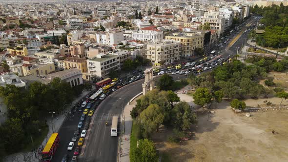 Aerial View Traffic Jam in Athens Greece Boulevard Buildings Hadrian's Arch