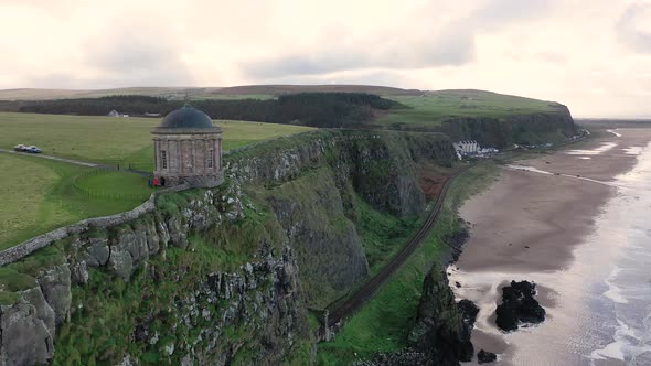 Aerial View of Mussenden Temple and Downhill Beach in County Londonderry in Northern Ireland