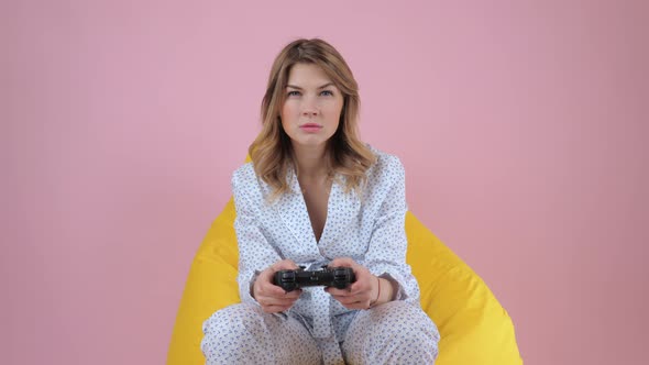 Intense Frowning Stylish Woman Playing Video Game