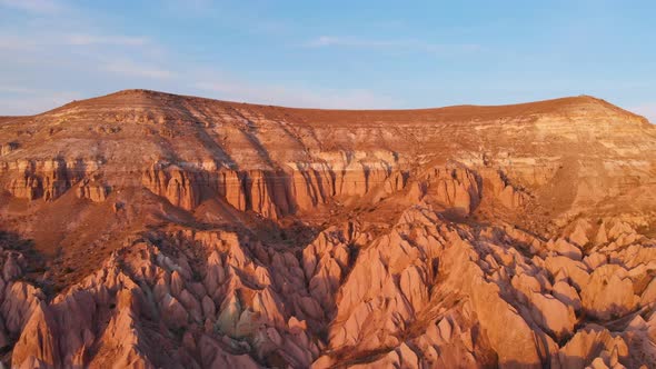 Cappadocia Aerial Drone View to Sunset Red and Rose Valley Rocks Goreme Turkey