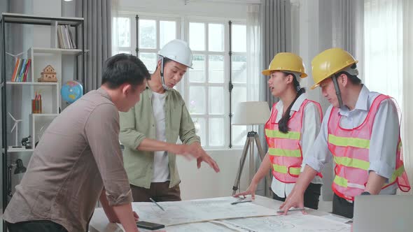 Engineers With Helmets Sharing Ideas About Work To A Man At The Office, Angry Colleagues Debate