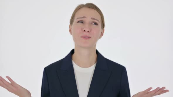 Disappointed Young Businesswoman Reacting Loss on White Background