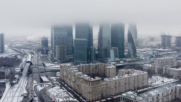 Aerial Drone Shot of Moscow City Skyscrapers at Cloudy Winter Day