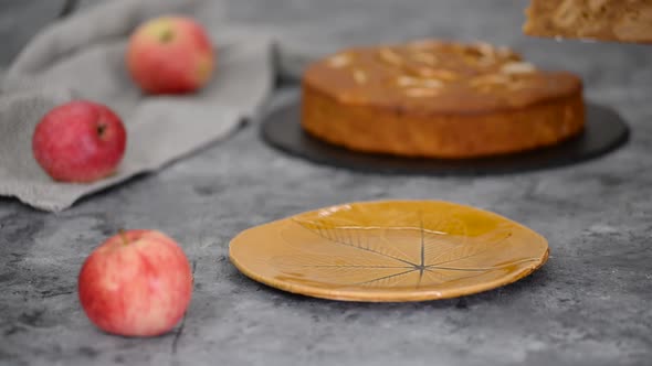 Piece of home baked caramel apple cake.