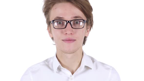 Man in Glasses Inviting Customers with Both Hands