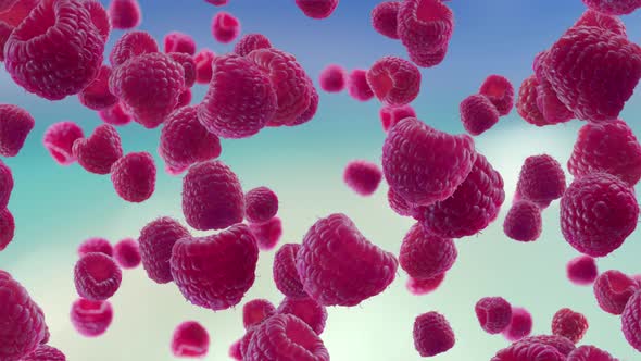 Raspberries Falling on Beach Background