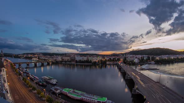 The View on Ltava River and Prague Hill Petrin Timelapse Day to Night with Beautiful Colorful Sky