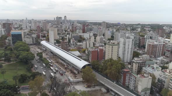 Aerial view railway station with city background. Buenos Aires, Argentina