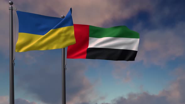 United Arab Emirates Flag Waving Along With The National Flag Of The Ukraine - 4K