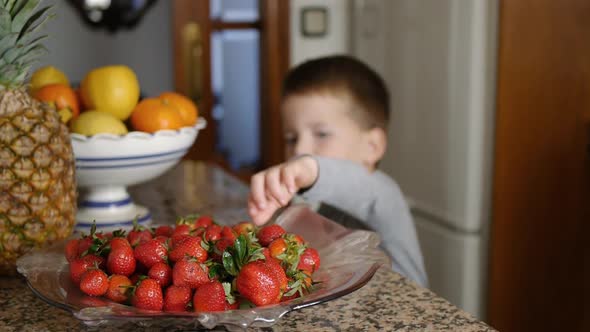 Child Enjoying Fruits in Kitchen Interior