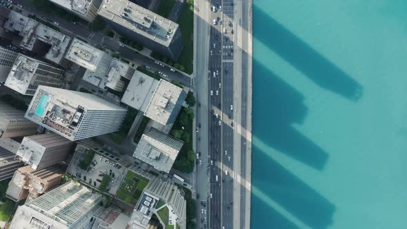 Aerial Topdown View on Busy Traffic Road in Business District in Chicago