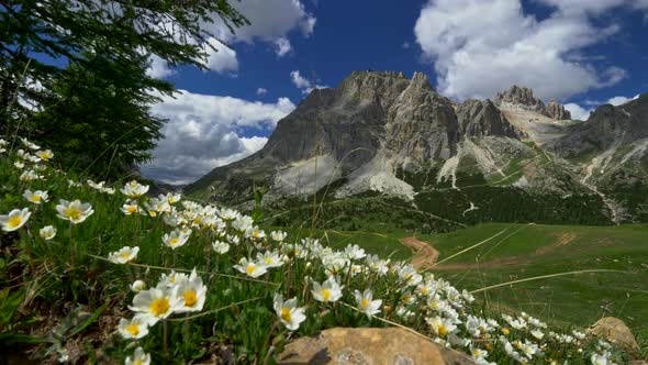 Gimbal Shot of Dolomites Mountains During a Summer Day in Falzarego Pass. Alps, Italy. , FHD