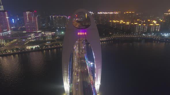 Liede Bridge on Pearl River at Night. Guangzhou City, China. Aerial View