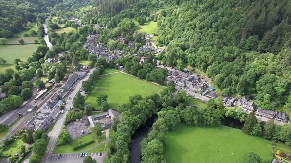 Betws y coed north Wales UK pull back reveal drone aerial view