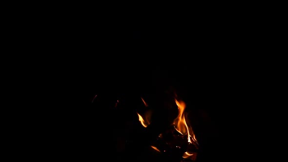 Small Bonfire with Chopped Wood Closeup on a Black Background