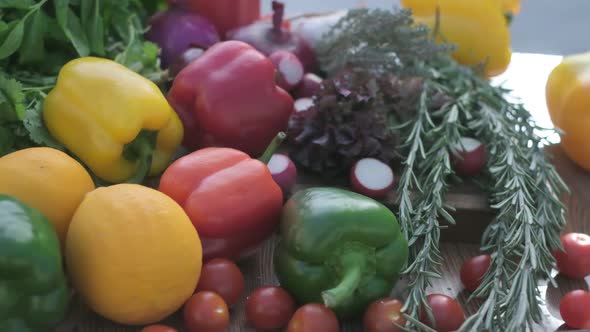 Closeup of Fresh Veggies Including Red Green and Yellow Bell Peppers