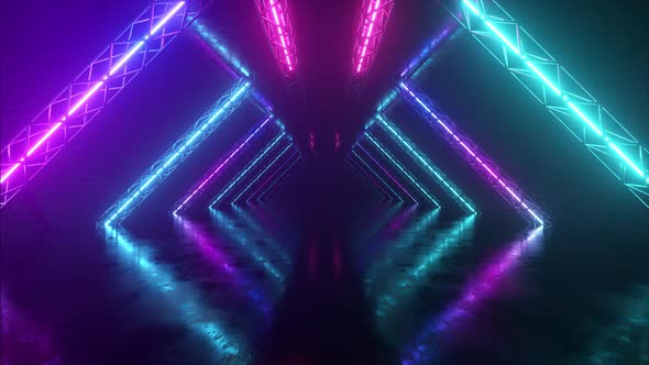 Abstract Neon Background Flying Forward Through the Corridor Glowing Pink Blue Lines Appear