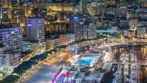 Seaside Swimming Pool in Monaco Night Timelapse Buildings in the Background