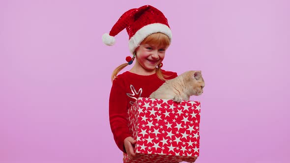Girl in Christmas Red Sweater Hat Smiling Unwrapping Gift Opening Box with Pet Cat Great Surprise