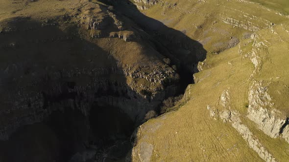 gordale scar near malham at yorkshire dales national park aerial drone shot