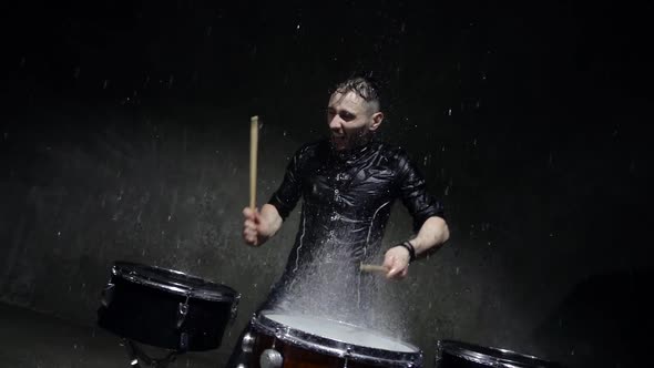 Emotional Drummer Plays in Water Studio. 240Fps Slow Motion