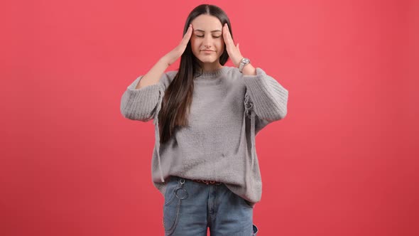 Tired Woman on Red Background