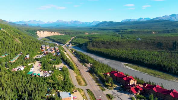 4K Drone Video of Denali Park Village along the Nenana River on the George Parks Highway Alaska Rout