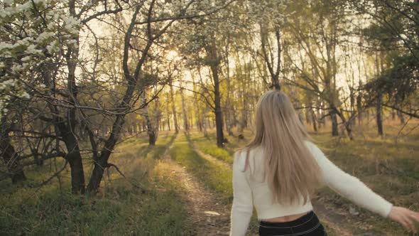 Attractive Young Woman in Sweater, Jeans Is Dance and Spinning Among Blossom Apple Tree. Sunset