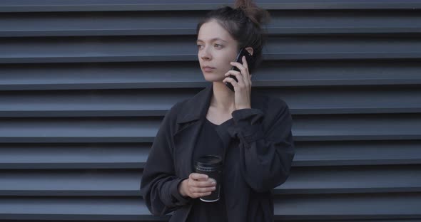 City Portrait Serious Girl Talking Smartphone Coffee Hand Handheld Device