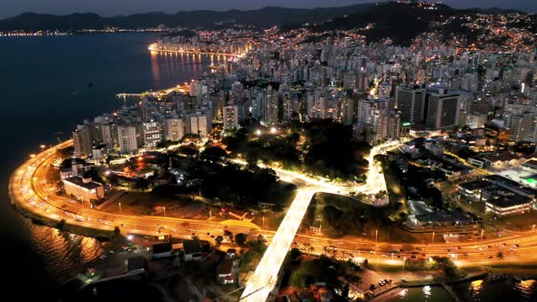 Night scape of downtown Florianopolis Santa Catarina Brazil. Tropical travel.