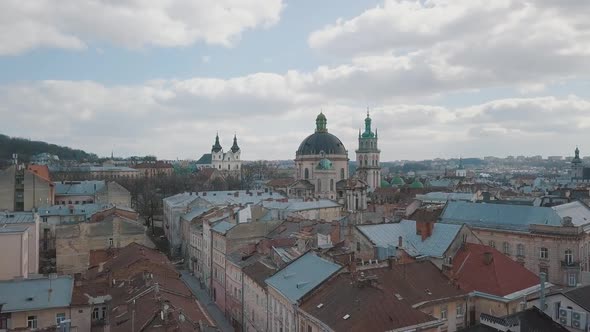 Aerial City Lviv, Ukraine. European City. Popular Areas of the City. Dominican