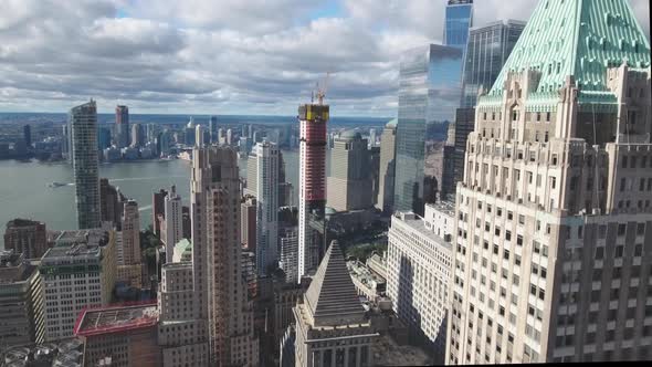 Manhattan - Drone passing skyscrapers of New York, USA