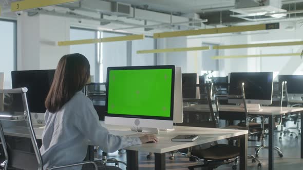 Business Woman Working In Office Interior On Pc On Desk Looking At Display Green Screen