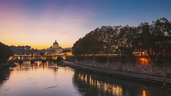 Rome, Italy Papal Basilica Of St. Peter In Vatican And Aelian Bridge In Evening Skyline