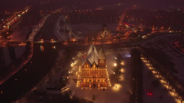 Aerial view of the Cathedral in Kaliningrad at the night in the wintertime