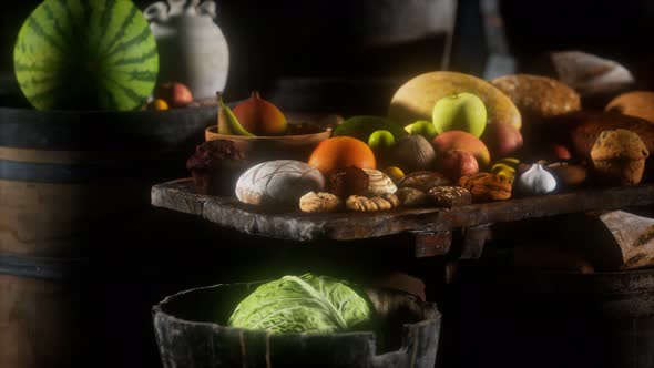 Food Table with Wine Barrels and Some Fruits Vegetables and Bread