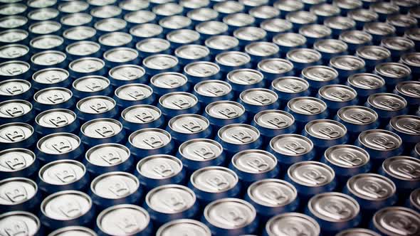 Seamless looping animation of assorted soda cans. Set of many drinks.Aerial view