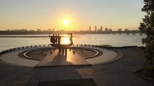 Symbol of Kyiv  a Monument To the Founders of the City in the Morning at Dawn